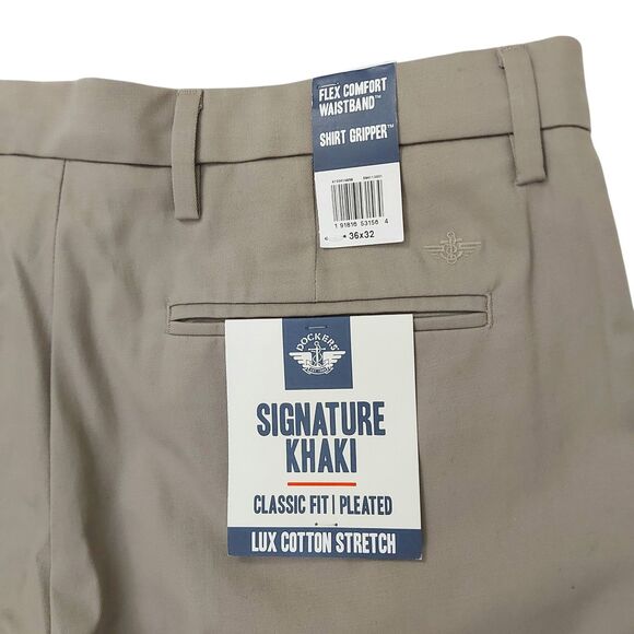 Dockers Pants Mens 36x32 Beige Pleated Front Stretch Flex Comfort Chino Office - Picture 7 of 11